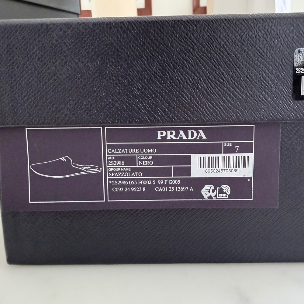 Prada Milano Black Leather Mule Slides Gold Logo Slip On Flat Shoes Mens UK7 - Picture 13 of 13
